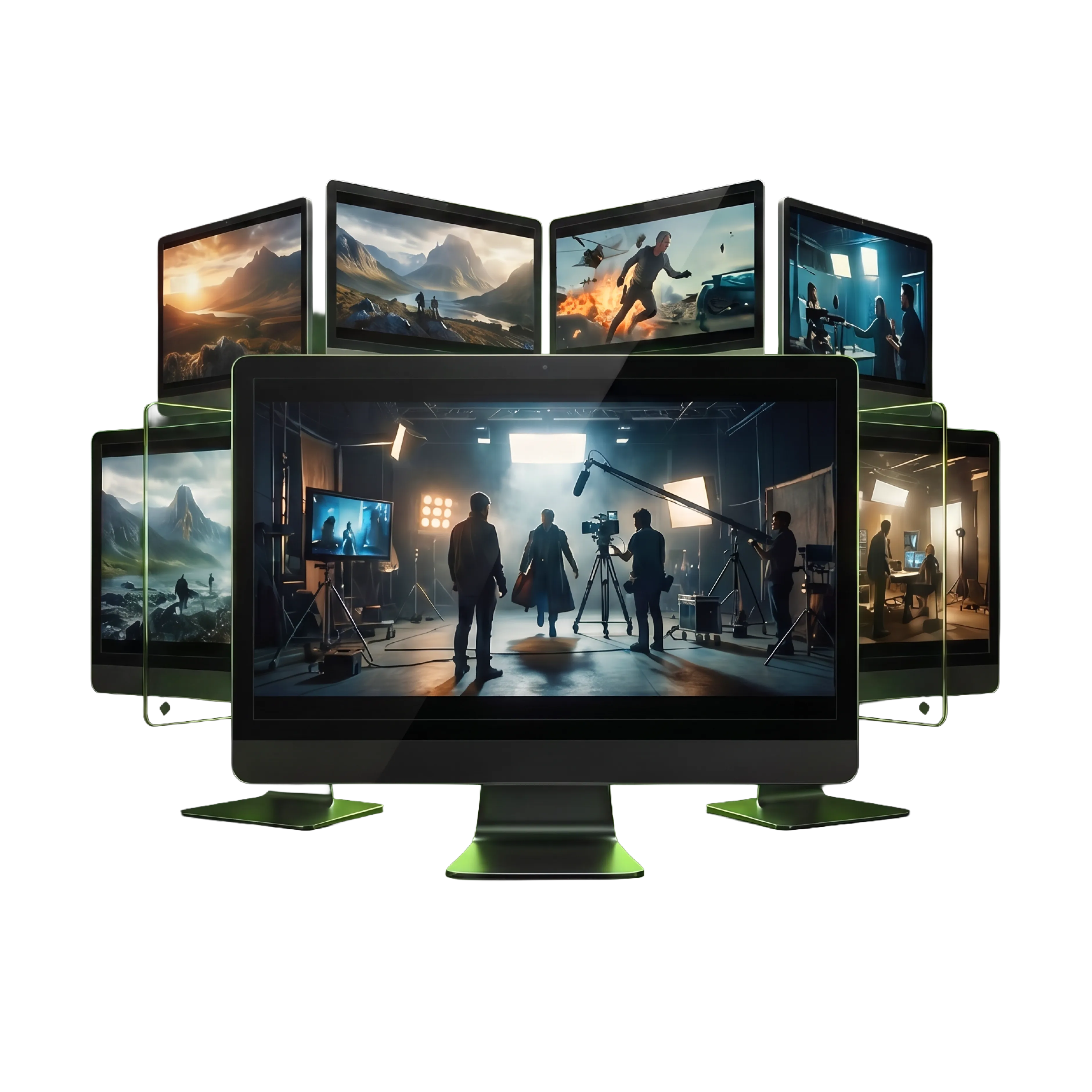 Video production setup with multiple cinematic screens